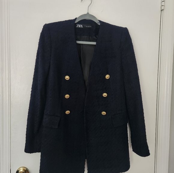 Zara Navy Lapelless Double-Breasted Blazer - Picture 5 of 8